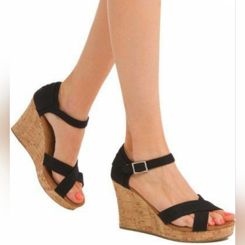 Toms Black Cork Wedge Sandals